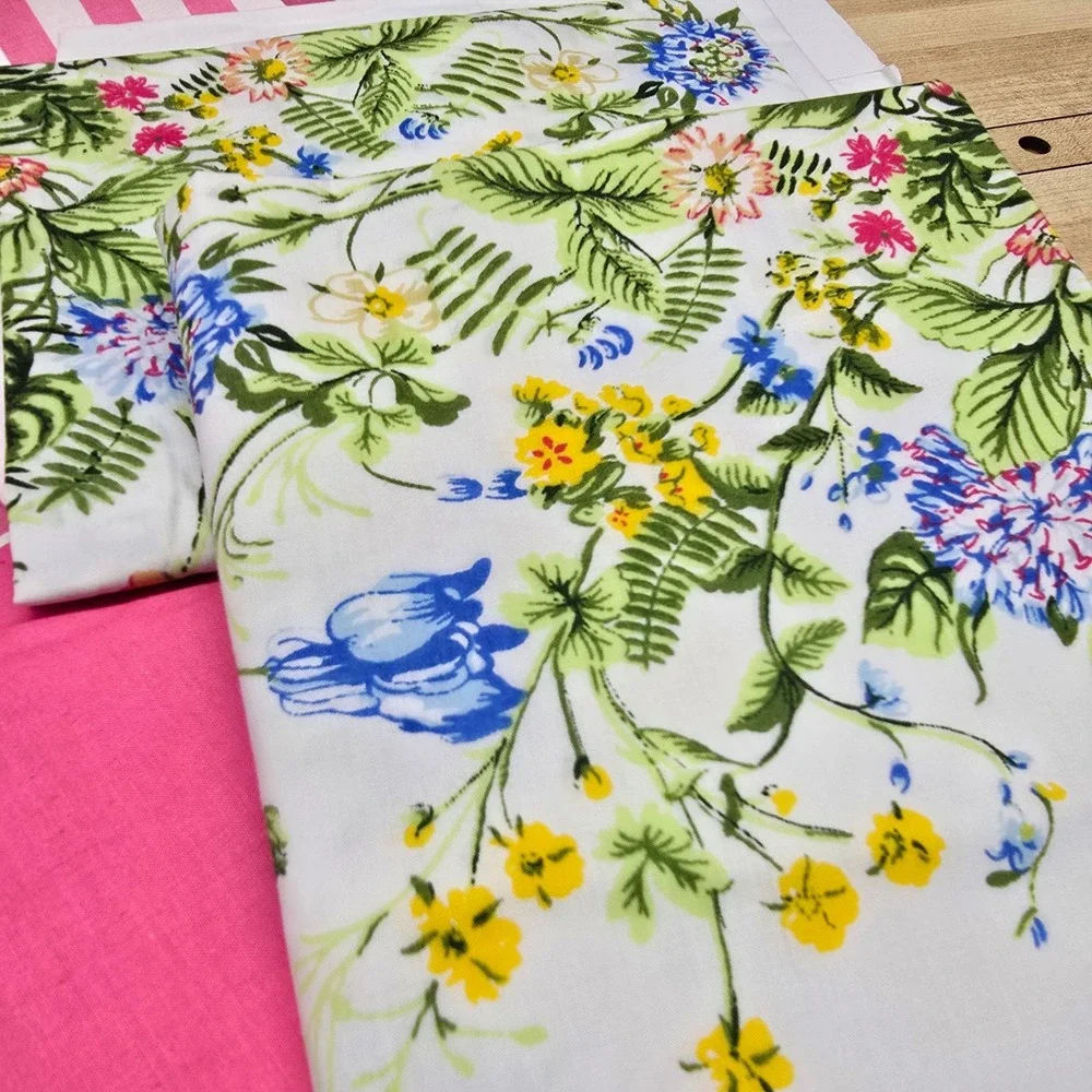 Vintage Cannon Pequot Pink Sheet Green Stripe Floral Pair Pillowcases Cottage